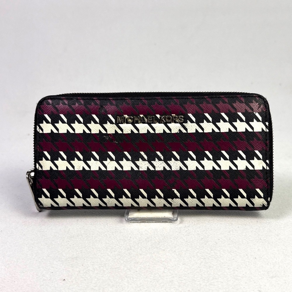 Michael Kors Jet Set Travel Wallet Burgundy BlackWhite Houndstooth Saffiano Lthr